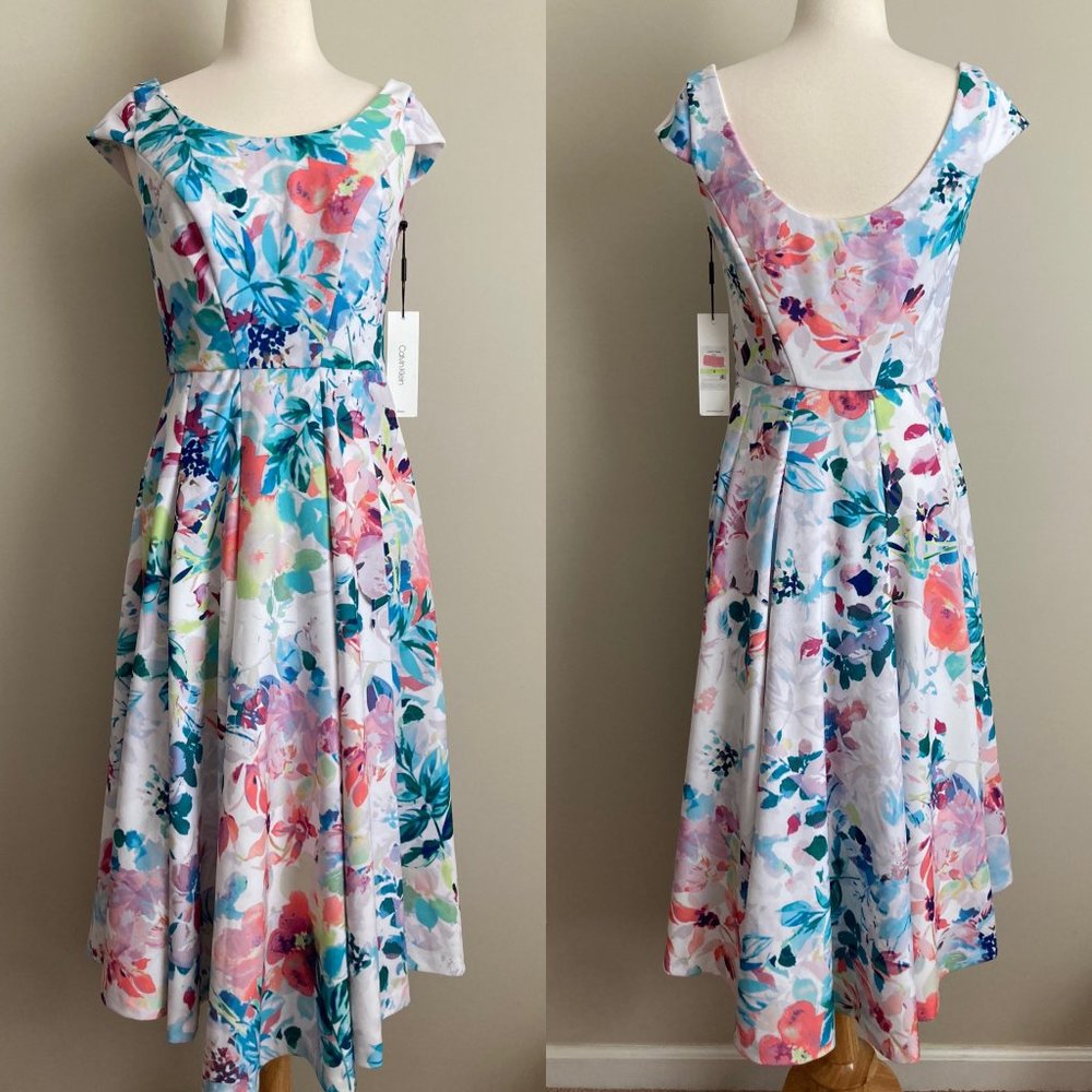 NWT Ladies Calvin Klein Tea Dress flared Midi floral